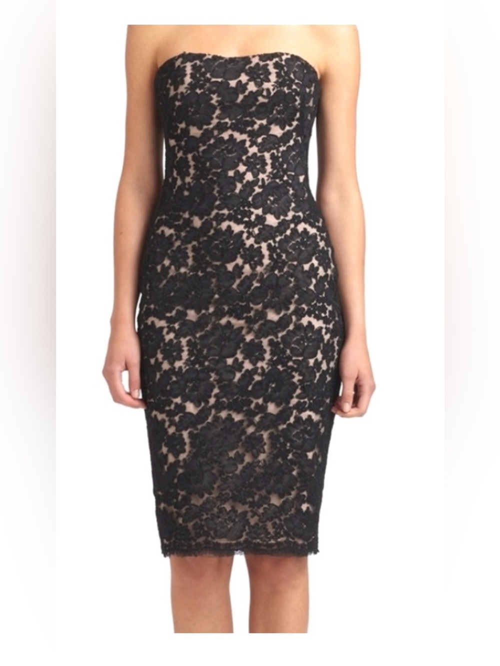 Marchesa Notte Strapless Lace Sheath Dress